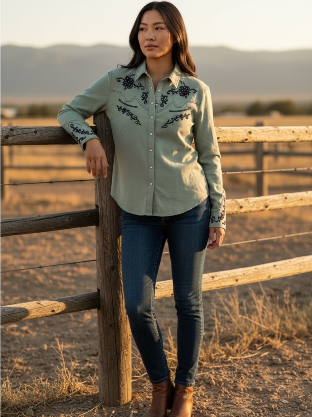 Doubled Ranch Embroidered Stretch Knit Western Shirt Long Sleeve Pearl Snap Sz M